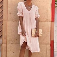 Casual Cotton Linen Long Sleeve Midi Dress Fashionable Color Loose Waist Summer Gown V Neck a Line Skirt for Women