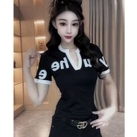Trend Slim Contrast Patchwork Print Letter Sexy Tops Summer New Short Sleeve High Street T Shirts Fashion Casual Women Clothing