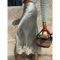 Lace Trim Patchwork Long Skirt Women High Waist Elegant Solid Satin A-line Midi Skirts Summer New Simple Casual Fashion Faldas