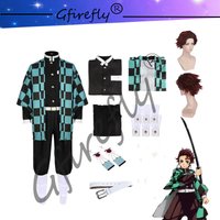 Kamado Tanjirou Cosplay Costume Katana Sword Props Mask Anime Clothes Eardrop Uniform Set