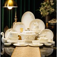 Luxury High-Temperature Fired Ceramic Dinner Set - Glossy White Porcelain With Gold Trim, Restaurant-Grade For Formal Occasions