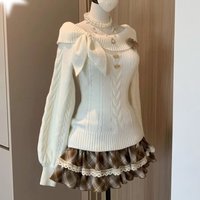 Vintage Sweet Lolita 2 Piece Set Women Japanese Bow Slash Neck Knitted Sweater Plaid Cake Mini Skirt Suit Girls Cute Y2k Outfits