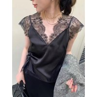 Women's Summer Elegant Lace Patchwork V Neck Sleeveless Satin Tank Top Lady Elegant Solid Color Basic Silk Blouse Top