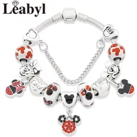 Red Enamel Mickey Minnie Charm Bracelets for Women Girl Boy Gift Silver Plated Heart Cartoon Animal Beads Pendant Bracelet