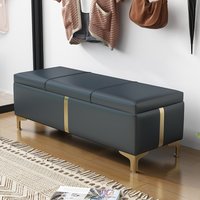 Modern Leather Storage Ottoman Bench, Upholstered Entryway Bench with Gold Metal Legs, Long Shoe Changing Stool with Storage