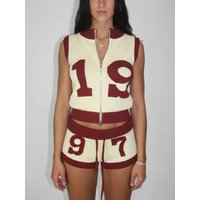 2026 summer new ins style contrasting color cardigan zipper knitted shorts sleeveless top drawstring shorts set for women