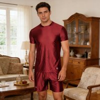 AMORESY Men's Smooth Ice Silk Breathable Home Suit Short Sleeve Shorts Long Pants Thin Comfortable Stretch Round Neck Loungewear