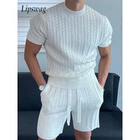Fashion Mens Knitting Two Piece Sets Summer Stylish Twist Textured Knit T Shirts And Shorts Men Outfits Casual Solid Color Suits