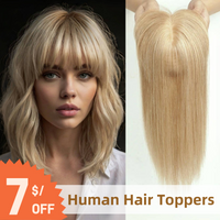 Human Hair Toppers Blonde 100% Remy Human Hair Toppes Clip in Hairpieces with Bangs Straight Hair Extensions for Women Daily Use