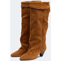 Damen Wildleder Kniestiefel mit Quastenverzierung, Casual Mode, spitzer Zeh, Blockabsatz, Slouchy Stiefel, Bohemian Damen Langstiefel