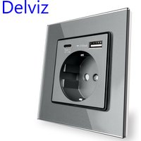 Delviz EU standard USB Socket, Crystal glass panel,1A1C dual interface smart quick charge,Wall Power Outlet With Type-C USB port