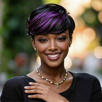 Pixie Cut Wigs Human Hair Purple Highlight Short Straight Human Hair Wig with Pre Plucked Bangs for Black Women Machine Made Cap