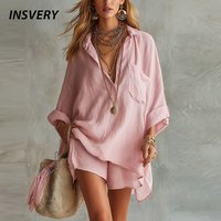 Spring Summer Long Sleeve V Neck Shirt Blouse High Waist Loose Shorts Suit Women Casual Two Piece St Comfortable Female Outfits