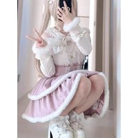 Y2k Japan Style Gothic Y2k Lolita Skirt Set Women Sweet Fur Off Shoulder Bow Blouse Tops High Waist Mini Skirt Theme Party Suits