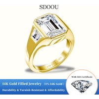 SDOOU 14K Gold Filled 3 Carat D Color Emerald Cut Moissanite Lab Diamond Ring for Women Men Engagement Promise Statement Jewelry