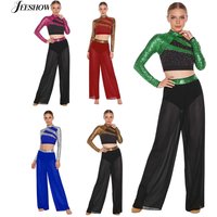 Womens 2 Piece Lyrical Dance Outfits Modern Dance Costume Sequins Rhinestone Crop Top with Side Split Tulle Pants Dancewear