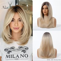 ALAN EATON Blonde Highlight Layered Synthetic Wigs Medium Length Straight Hair for Women Natural Daily Wig Heat Resistant Fiber