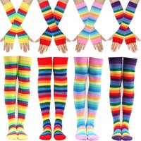 2Pairs Rainbow Striped Thigh High Stockings with Gloves Set Women Gothic Lolita Overknee Socks+Arm Sleeve JK Cute Long Socks