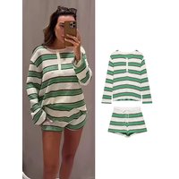 TFMLN Women Striped Long Sleeve T-shirt Shorts Set Pullover Buttons Loose Tee+Elastic Straight Short Pant Chic Hollow Out Suit