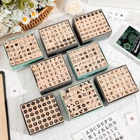 42 Wooden Seals with Numbers, Letters, Geometric Figures, Small Expressions, Happy Party Series Handbook Seals