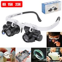 2 LED Watch Jeweler Repair Magnifier Head-Mounted Headband Adjustable Magnifying with Light Head Eye Glasses Loupe Lens 8X15X23X