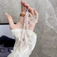 Iridescent Large Butterfly Pendant Transparent Heart Bead Phone Strap Charm Chain Cellphone Lanyard Keychain For Woman Girl Bag