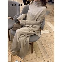 Herbst Winter 2 Stück Frauen Sets Gestrickte Trainingsanzug 2023 Neue Rollkragenpullover und Breite Bein Jogging Hose Pullover Anzüge