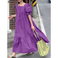 Fashion Square Collar Maxi Dresses ZANZEA Women Solid Color Sundress Korean Puff Short Sleeve Robe Casual Loose Pleats Dresses