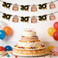 Custom Any Age Birthday Photo Banner Personalized Black Photo Bunting Banner for 30th Birthday Party Favors Birthday Banner