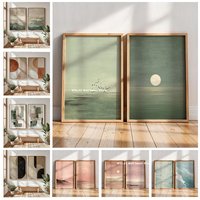 2pcs/set Japanese Retro Wabisabi Mountain Abstract Canvas Printing Abstract Green Sunset Flying Crane Wall Art Poster Home Decor