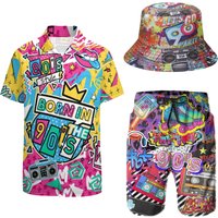 Men's 2 Pieces 80S 90S Outfit Retro 90S Shirts and Shorts Set Vintage Active Tracksuits Outfits with Hat Halloween Carnival Suit