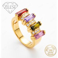 925 Sterling Silver 18K Gold Plated Luxury Colored Square Zircon Ring for Women, Fashion Party Gift Accessories Jewelry