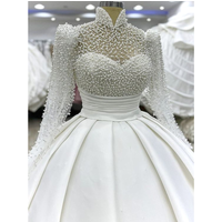 STEVDITG White Pearls Wedding Dress Luxury High Collar Long Sleeves Pleat Draped Ball Gowns Floor Length Elegant Bride Dress