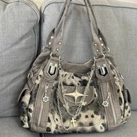 Y2K Leopard Print Tote Bag Cross Star Subculture Texture Punk Niche Girl Tote Large Capacity Handbag Shoulder Bag Crossbody Bag