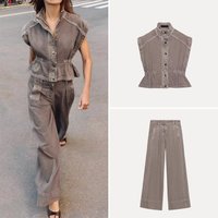 Women's High Collar Elastic Waist Denim Vest Casual Wide Leg Pleated Pants Two Piece Set Comfortable Breathable Summer Outfit