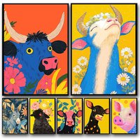 1pc frameless canvas Colorful Animals Pig Deer Cow Sheep and Flowers Abstract Art Poster Canvas Prints Wall Painting