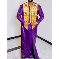 Vêtements africains pour hommes, Bazin Riche, design brodé, hauts à manches longues et pantalons, ensembles 3 pièces, tenue traditionnelle violette
