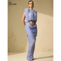 VC Lavender Chiffon Ruched 2-Piece Set for Women Sleeveless Cutout Waist Draped Evening Dress Suit Elegant Cocktail Party Outfit