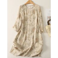 China Vintage Style Cotton Linen Three Quarter Slleve Dress for Women Summer Fashion Floral Print Loose Casual Frocks
