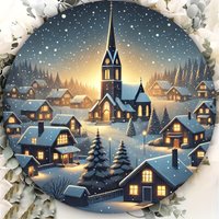 1-Pack Christmas Village Scene Round Aluminum Sign, 7.87inch Foil Engraving Wall Art, Vintage Style Aluminum Tin Plaque for Home