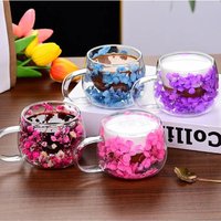 1PCS 350ml Double Wall Glass Cup with Handle Dried Flower Decorated Ins StyleDurable Coffee Milk Mug Heat Resistant Tea Cups