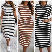 Summer Large Size Women's Clothing Casual Striped Short-sleeved Round Neck Waist Dress New Temperament Thin Plus Size Dresses