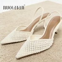 Mesh String Bead Brand Slingback High Heels Sandals for Women Designer Shoes Woman Elegant Style Wedding Party Pumps