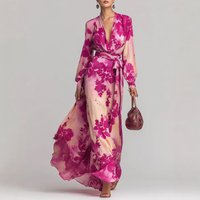 Woman Lantern Sleeve Boho Dress 2026 Spring Deep V Neck Floral Print High Waist Long Dress Fashion Patchwork Chic Maxi Dress