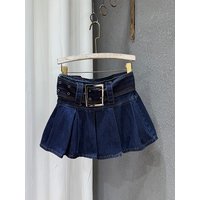 Slimming A-Line Midi Skirt Retro Denim Pleated Women's Fashionable Versatile Short Skirt Cotton Vintage Style mid Waist