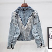 Szykowna damska kurtka z frędzlami - szczegółowa kurtka dżinsowa, modny styl zgrywania, idealna do modnej kurtki damskiej w stylu casual i ulicznym