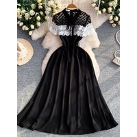Elegant Lace Splicing Hollow out Dress Women's Slimming Maxi Skirt Style Short Sleeve Stand Collar Belted Dress for Ladies