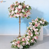 Uflower Pink Rose Hydrangea Green Plants Artificial Flower Ball Flower Row Runner Wedding Backdrop Decor Floral Wall Party Props