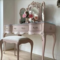 W-7 Vintage Distressed Pink Dressing Table Solid Wood Carved Dressing Table Dressing Stool Glass Combination Complete Set
