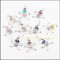 10Pcs Tibetan Silver Tone Retro Halloween Skulls Mixed Crystal Charms Pendants 21x23.5mm